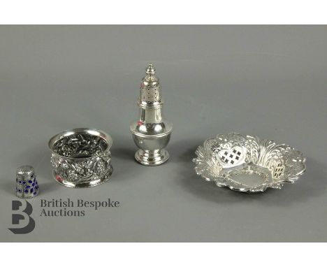 Silver pepper pot, Birmingham hallmark, mm Adie Bros, approx 9 cms h, silver trinket dish Birmingham hallmark, mm F &amp; D a