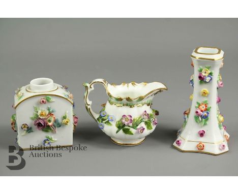 Three floral encrusted porcelain, this lot comprises candlestick holder approx 10 cms h bearing Meissen marks, perfume bottle
