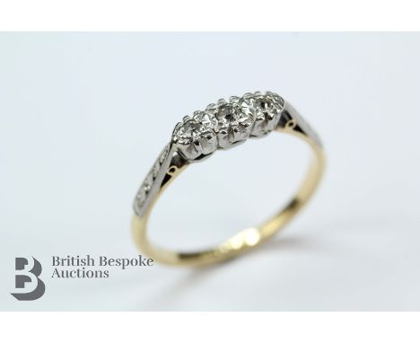 18ct yellow gold and platinum three stone diamond ring, size Q , approx 8 pts of old-cut dias, approx 2.96 gms.&nbsp;