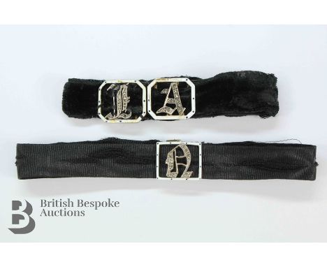 Victorian 15ct yellow gold and enamel silk and velvet bracelets, the first monogramed in rose-cut diamonds A and the second m