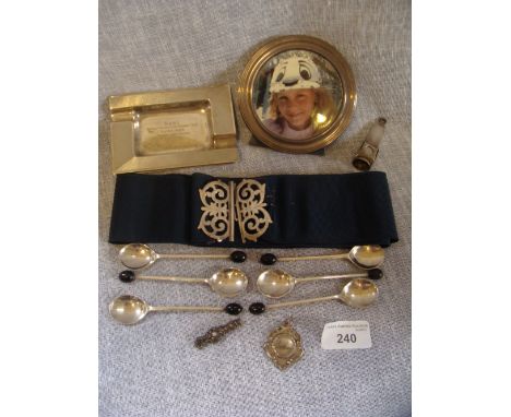 A near pair of silver rectangular engine-turned ashtrays, a circular silver photograph frame and other silver and white metal