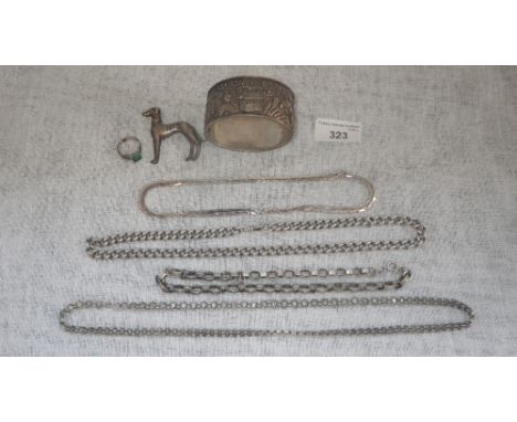 A collection of modern silver jewellery, including a Chinese cuff bangle and a Greyhound brooch