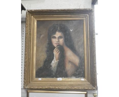 An oil on canvas portrait of a young woman with long dark hair