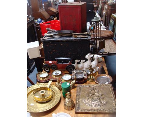 An embossed brass coal box, a barometer, metalware and similar items