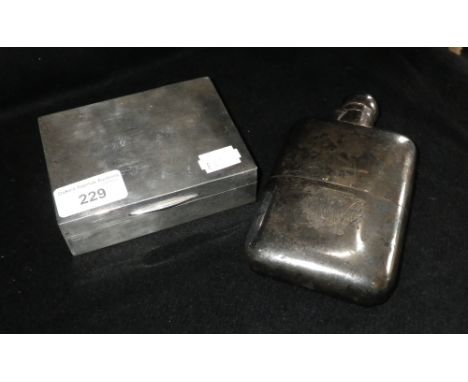 A silver cigarette box with presentation inscription for 'The Dorset Regiment' and a Victorian silver sliding cover hip-flask