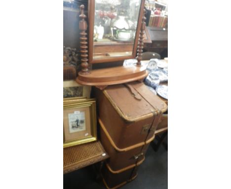 A carved hall chair with cane seat and back, a mahogany dressing mirror and a vintage cabin trunk (3)