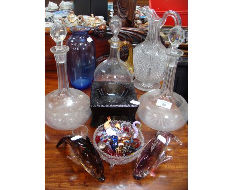A pair of glass decanters and similar decorative glassware