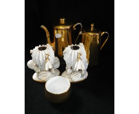 A pair of Moore vases and Royal Worcester gilt finished teawares