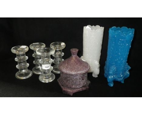A moulded glass jar in the form of a straw beehive and similar glassware