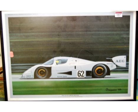 A Benjamins 1989 reproduction print depicting the Silver Arrow Record Car' return in original frame with glazing