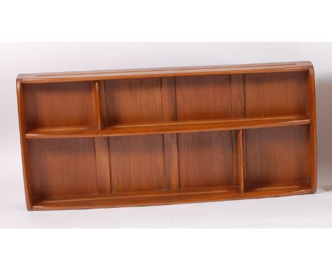 A 1960s Ercol blond elm two-tier hanging plate rack, divided into four compartments, with four panelled back, 50 x 107cm