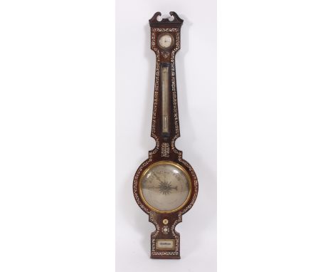 Grafsi & Fontana of Exeter - an early 19th century rosewood and mother of pearl inlaid four dial wheel barometer, signed to t