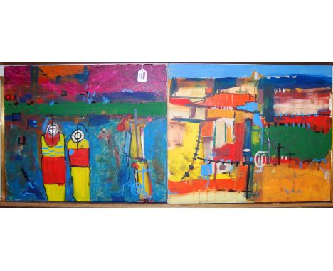 Contemporary Irish school - Pair; Celtic icons Kickee and Burial icons Kerry, oil on canvas, 50 x 60cm