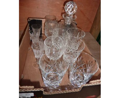 Cut glass decanter and selection of cut glass drinking glasses