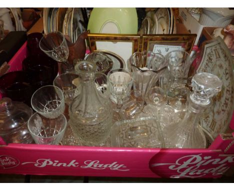 Box of assorted glassware inc coloured glass sundae dishes, decanter, butter dishes etc