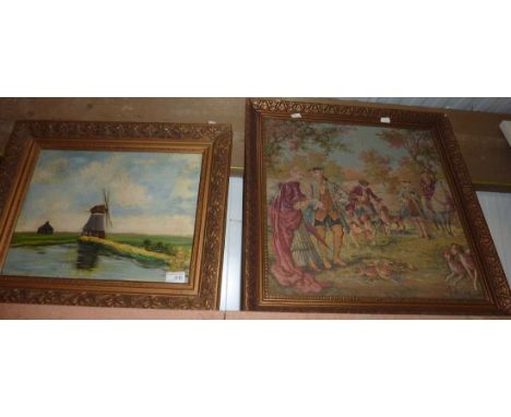 Gilt framed oil on canvas depicting windmill and gilt framed tapestry picture