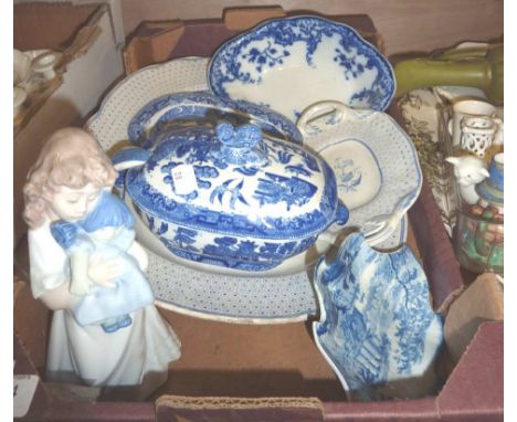 Selection of blue and white meat plates, lidded tureen etc and a Nao figurine of young girl with dolly