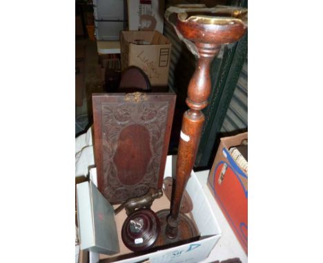 Dog nutcracker, wooden lighter, trivit, carved wooden tray, W A gold spirit flask in original box etc