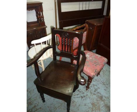 Mahogany commode armchair, Victorian dining chair and 2 painted chairs (4)