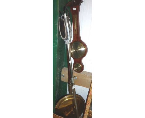 Shooting stick, brass bed warmer and barometer