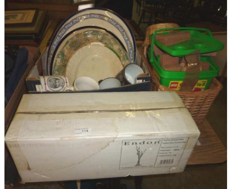 Collection of meat plates, commemorative cups, chrome and white lamp, selection of building blocks, wicker baskets, didgerido