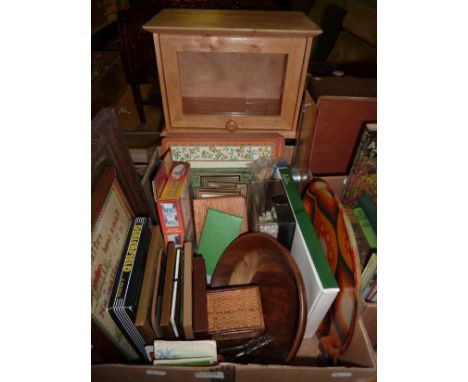 Wooden bread bin, box of assorted picture frames, tapestry picture, jigsaw etc