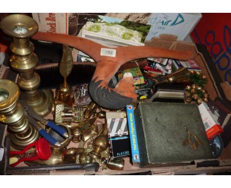 Selection of brass, postcards, spectacles, playing cards etc