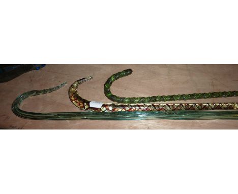 Twisted stem glass walking stick, glass walking stick with internal ribbon decoration a/f and one other