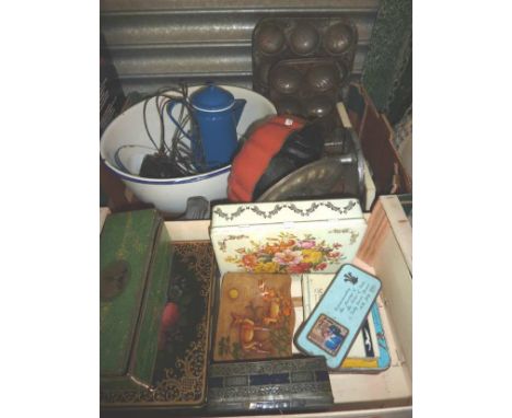 2 boxes of enamel bowls, tins etc