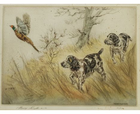 After Henry Wilkinson (British 1921-2011): Collingwood Cockers Spaniels Chasing Pheasant, etching with hand-colouring limited