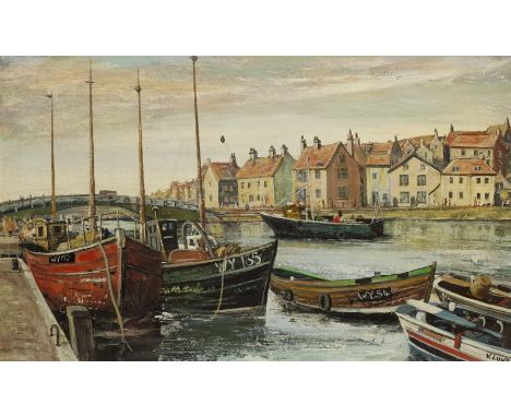 K Lund (British 20th century): Whitby Harbour, oil on board signed 39cm x 65cm