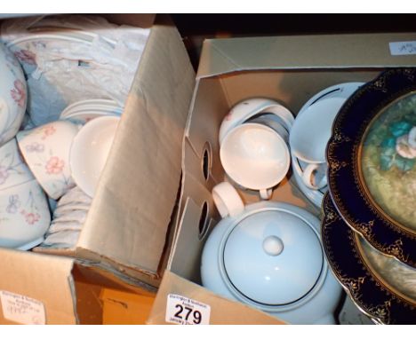 Two boxes of mixed ceramics including six hand painted vintage plates 
