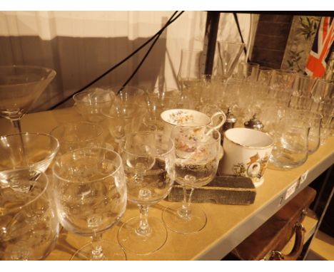 Shelf of glassware some etched Highland Park and small quantity of ceramics and metal ware 