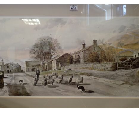 Framed lithograph of Yorkshire early Winter farm scene shepherd and sheep by landscape artist Alan Ingham 95 x 63 cm