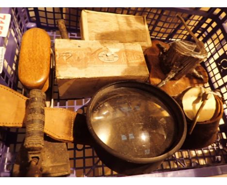 Collectors lot to include miniature irons strop brass napkin rings axe in stump ornaments etc