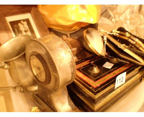 Tray of mixed collectables to include a cash box tea caddy first aid box and contents cocktail purses match box collection 