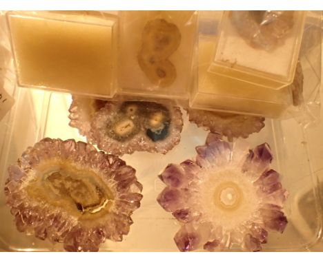 Collection of geode slices including amethyst 