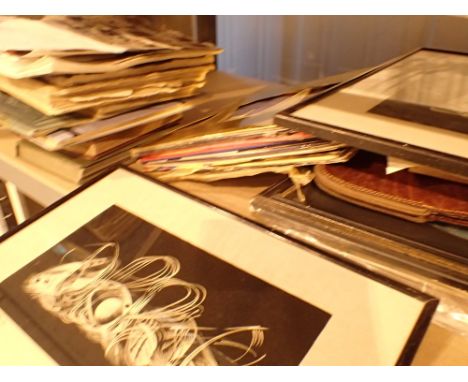 Collection of vintage photo albums books stamps framed photos watercolours prints and small selection of 70s pop records 