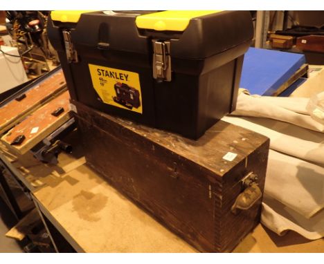 Two boxes mixed tools and a workmate folding bench