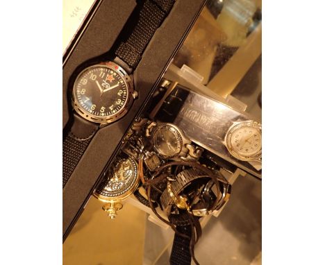 Box of ladies and gents wristwatches a lighter and a pocket watch 
