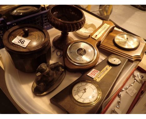 Collectors lot on a tray barometers and wooden tea caddy Craven ash tray brass Vishnu ceramic tazza 