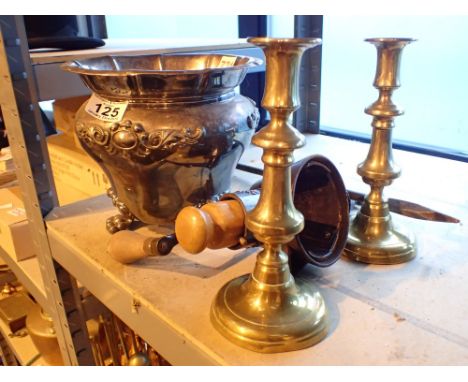 19thC silver plated planter pair of brass candlesticks etc