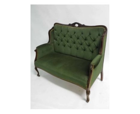 Late 19th century mahogany green button back upholstered cottage sofa, 114cms wide  