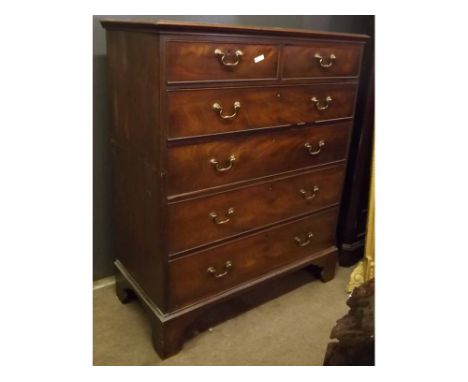 Large Georgian mahogany straight fronted two over four full width drawer chest with brass swan neck handles, raised on bracke