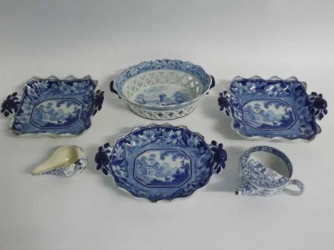 Early 19th century, possibly Spode, blue and white part dessert set with two square formed two-handled dishes with crimped ed