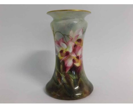 Royal Worcester floral painted vase of waisted form, signed Roberts, pattern no 2265, 18cms tall  