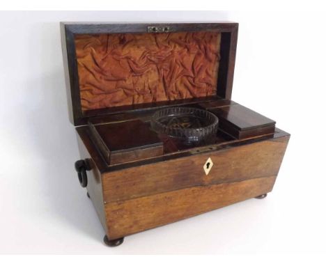 19th century rosewood sarcophagus formed tea caddy with ringlet handles to sides, raised on bun feet, 31cms wide x 19cms tall
