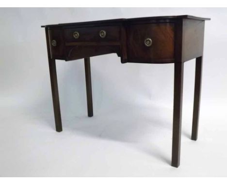 Georgian mahogany step fronted sideboard fitted with three drawers and brass ringlet handles, ebonised banding, supported on 