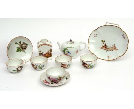 Collection of 18th century ceramics including a Meissen tea pot, (spout reduced), Meissen cups and saucers, Ludwigsburg lobed