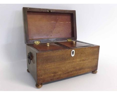 19th century mahogany tea caddy with pressed lion head handles to side, raised on bun feet with two enclosed compartments, 25